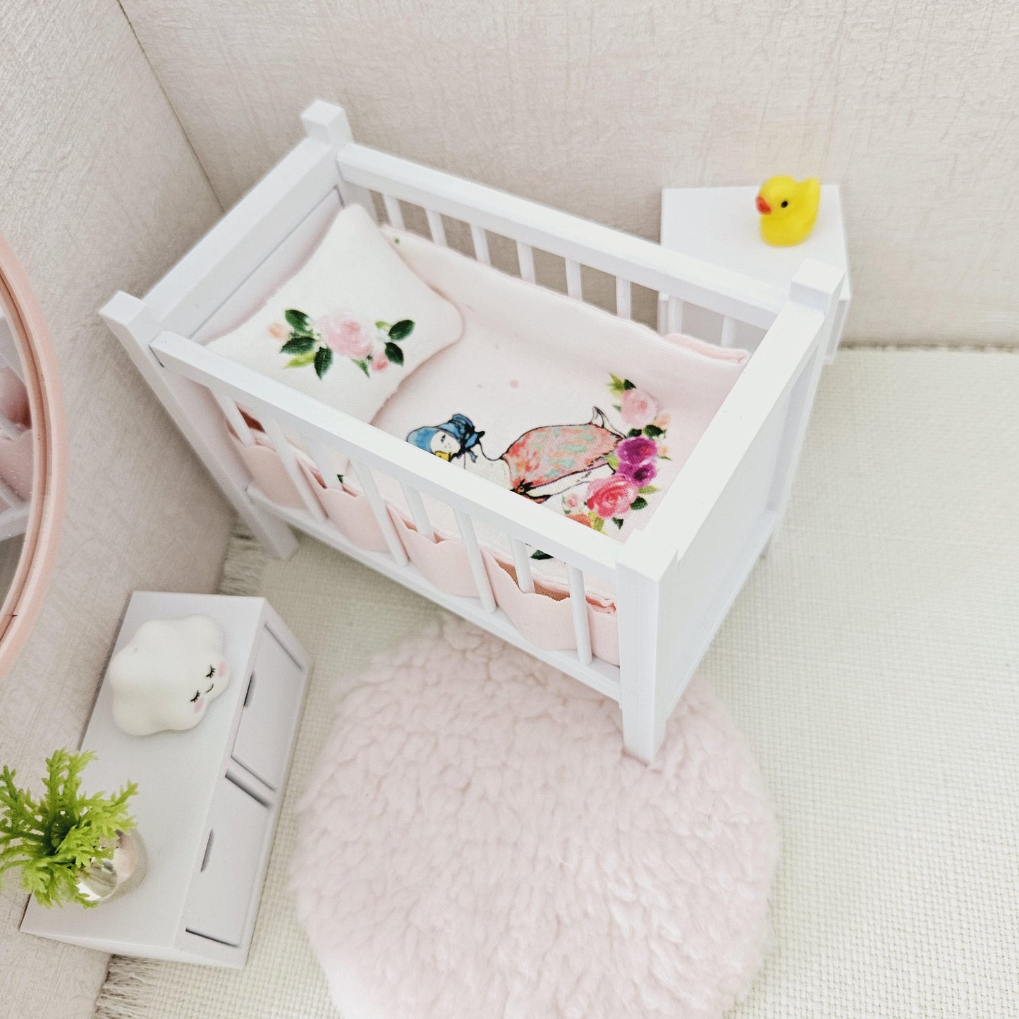 Dolls House Cot Bedding Set – Jemima Puddle Duck Design, Handmade in England, 1:12 Scale
