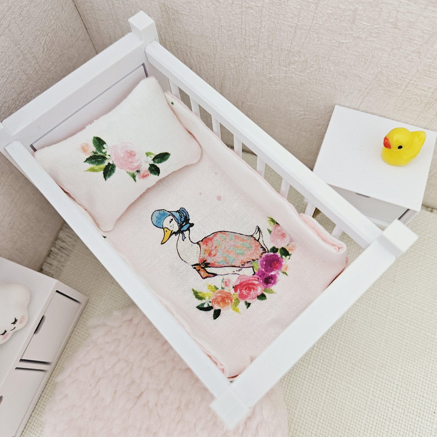 Dolls House Cot Bedding Set – Jemima Puddle Duck Design, Handmade in England, 1:12 Scale
