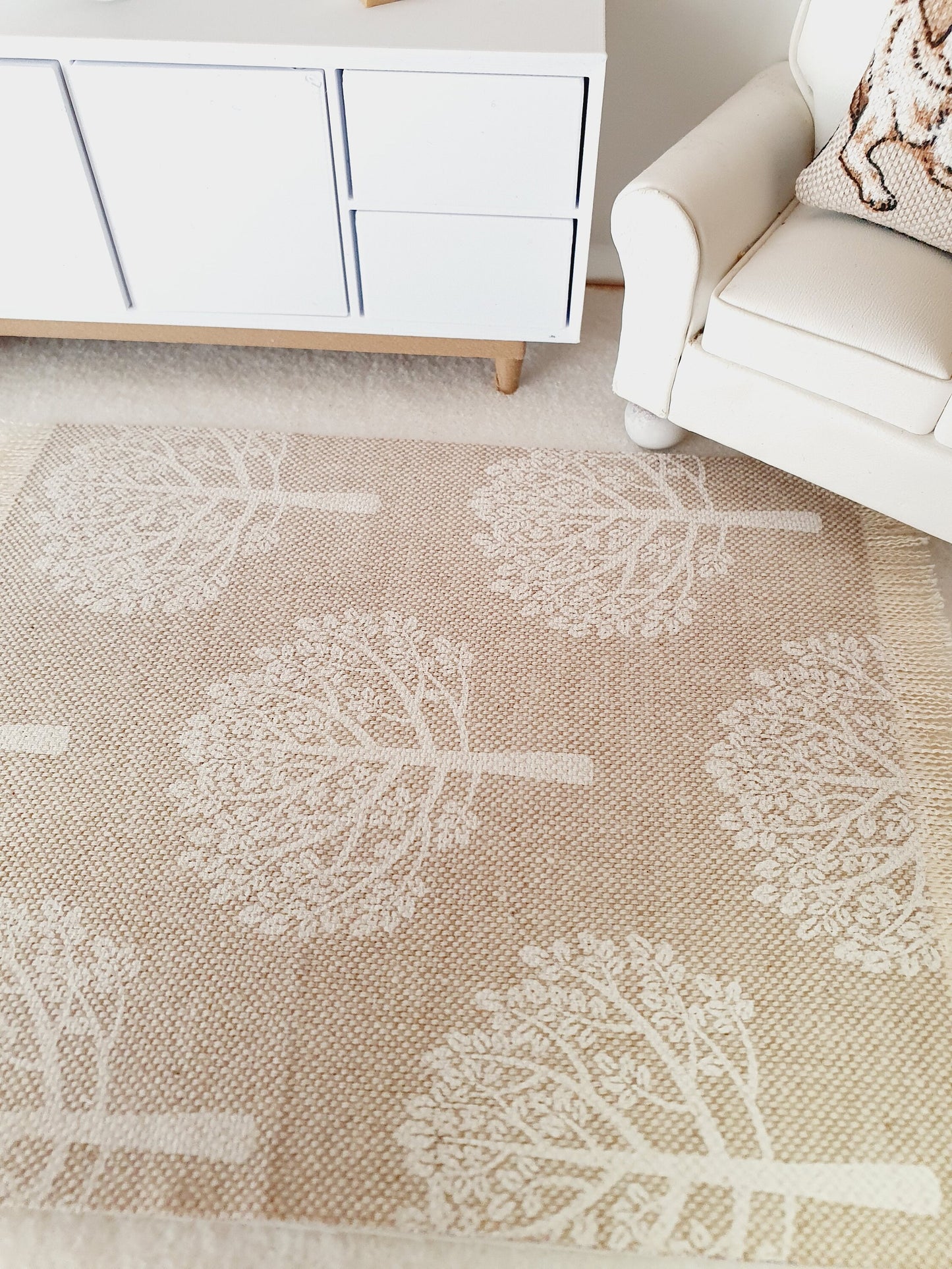 Dolls House Beige with White Trees Linen Look Rug | 1:12th Scale | Miniature Rug