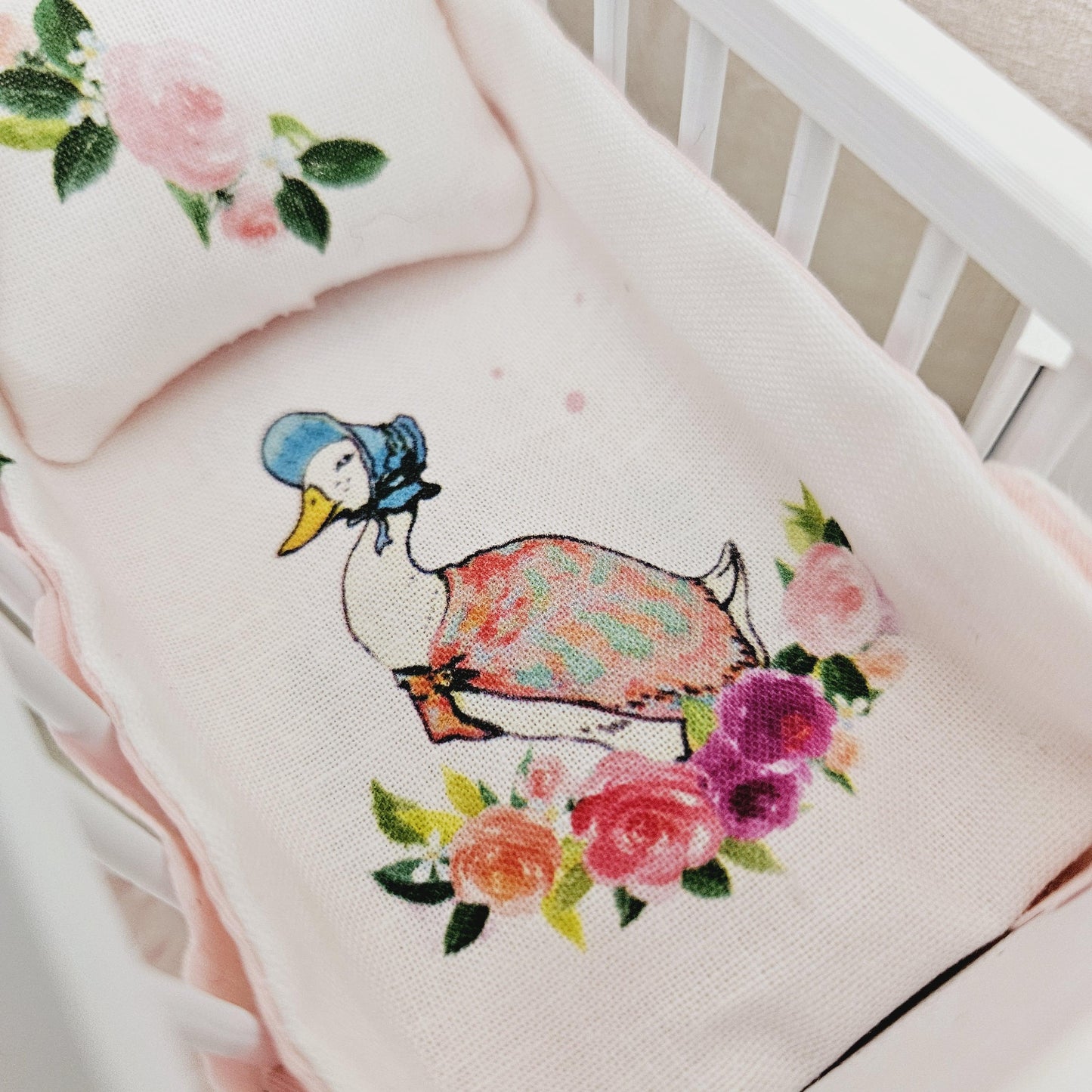 Dolls House Cot Bedding Set – Jemima Puddle Duck Design, Handmade in England, 1:12 Scale