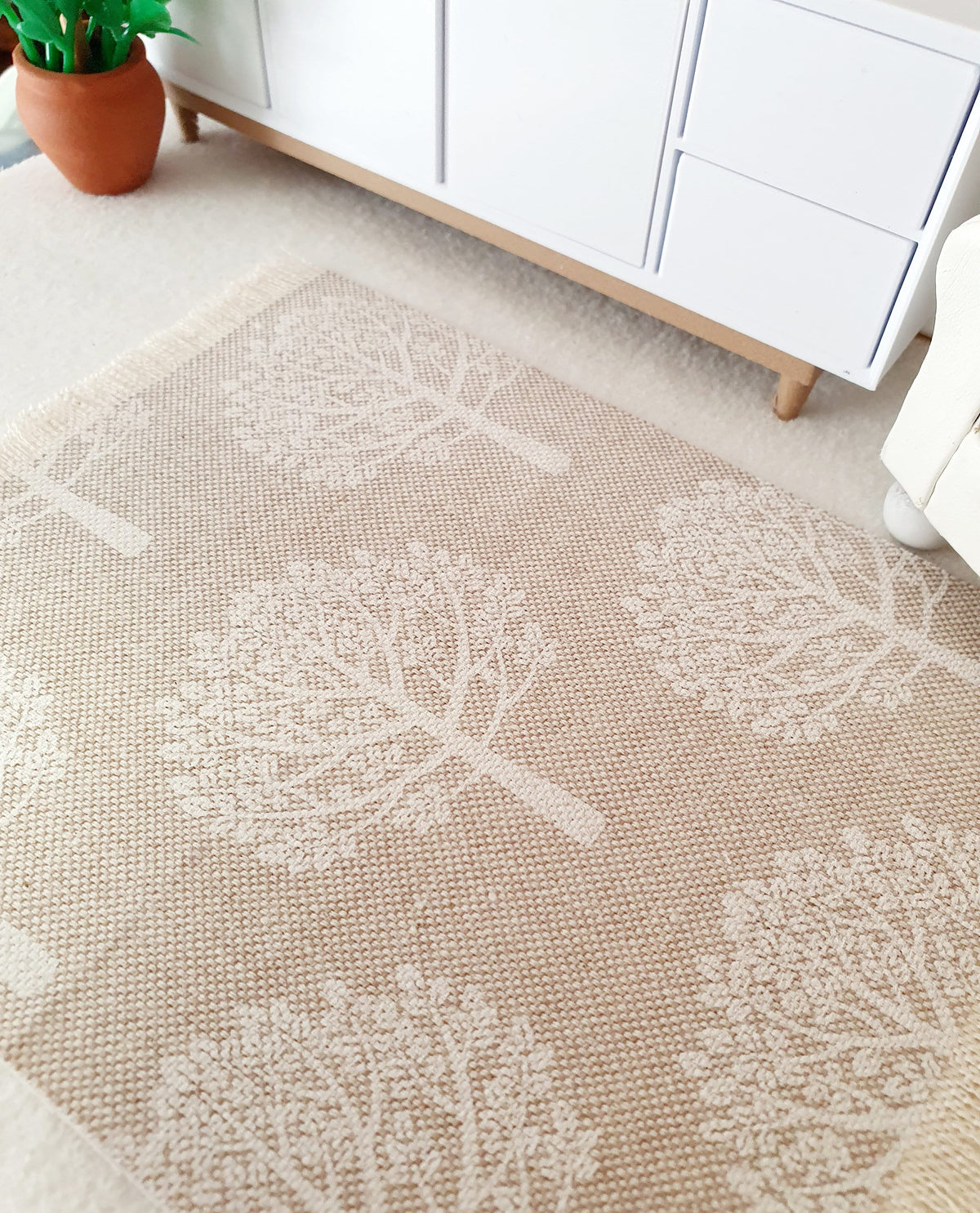 Dolls House Beige with White Trees Linen Look Rug | 1:12th Scale | Miniature Rug