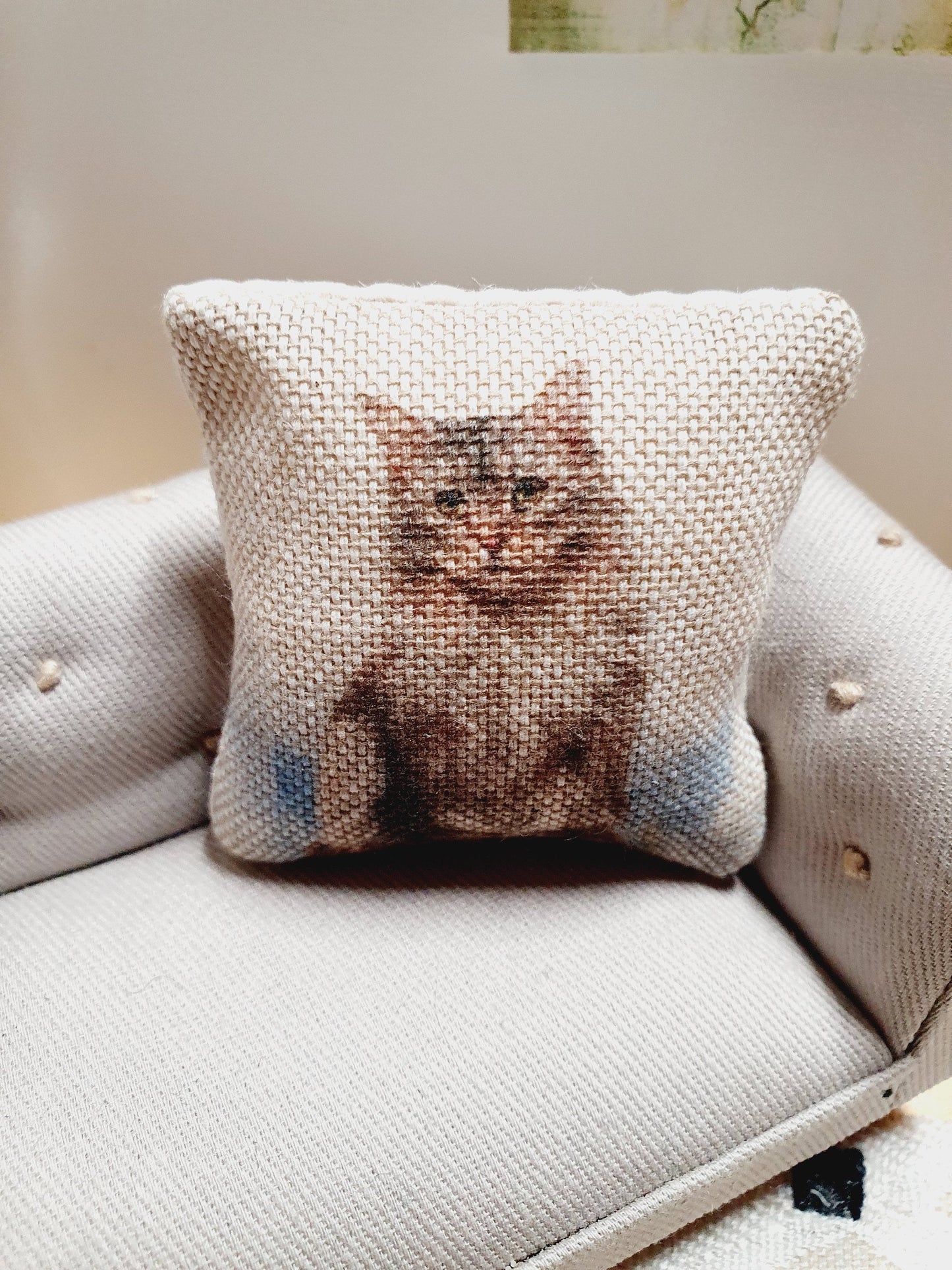 Dolls house Tabby Cat cushion, Cute Little Cat, 12th scale cushions, miniature cushion
