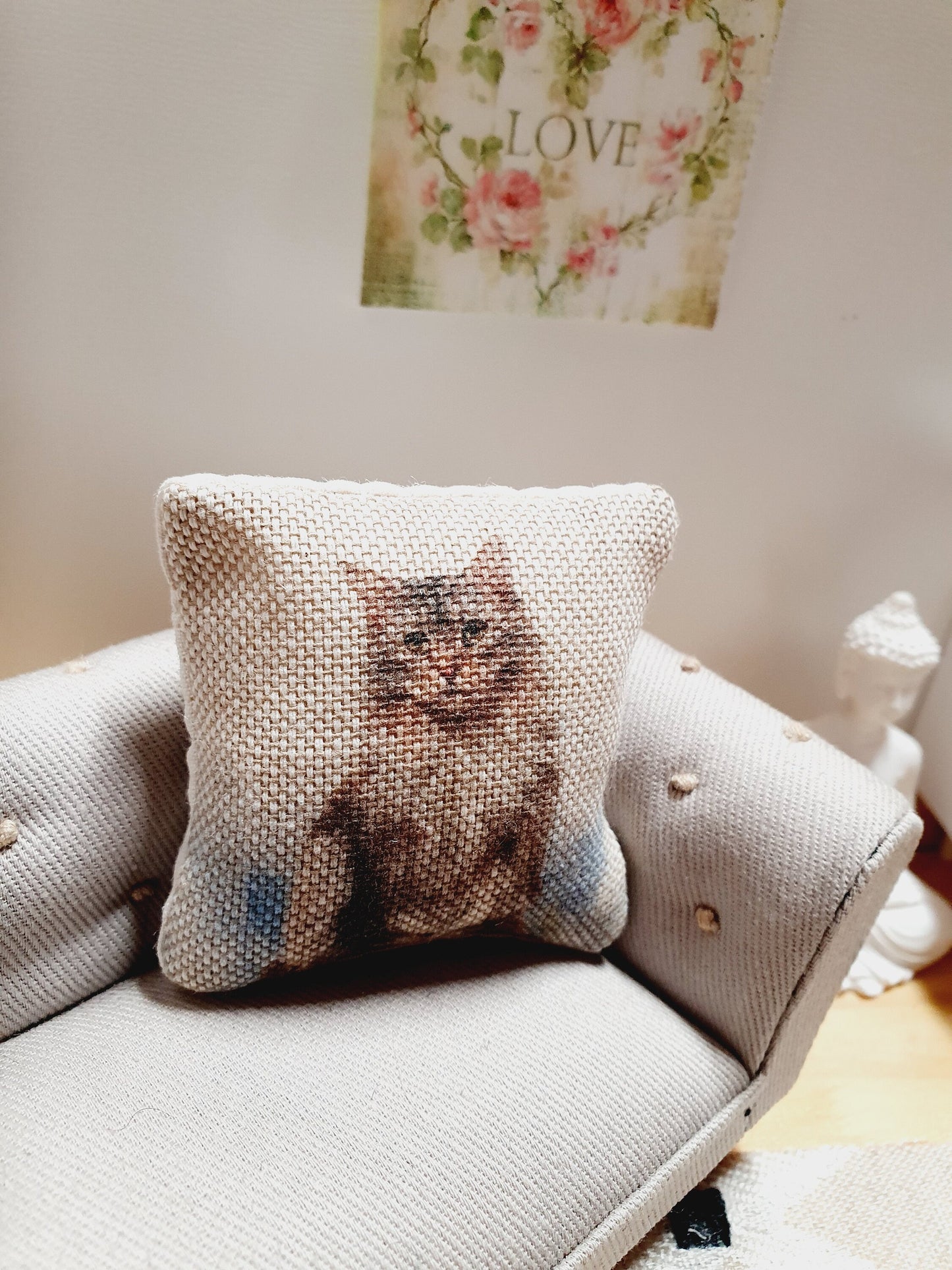 Dolls house Tabby Cat cushion, Cute Little Cat, 12th scale cushions, miniature cushion