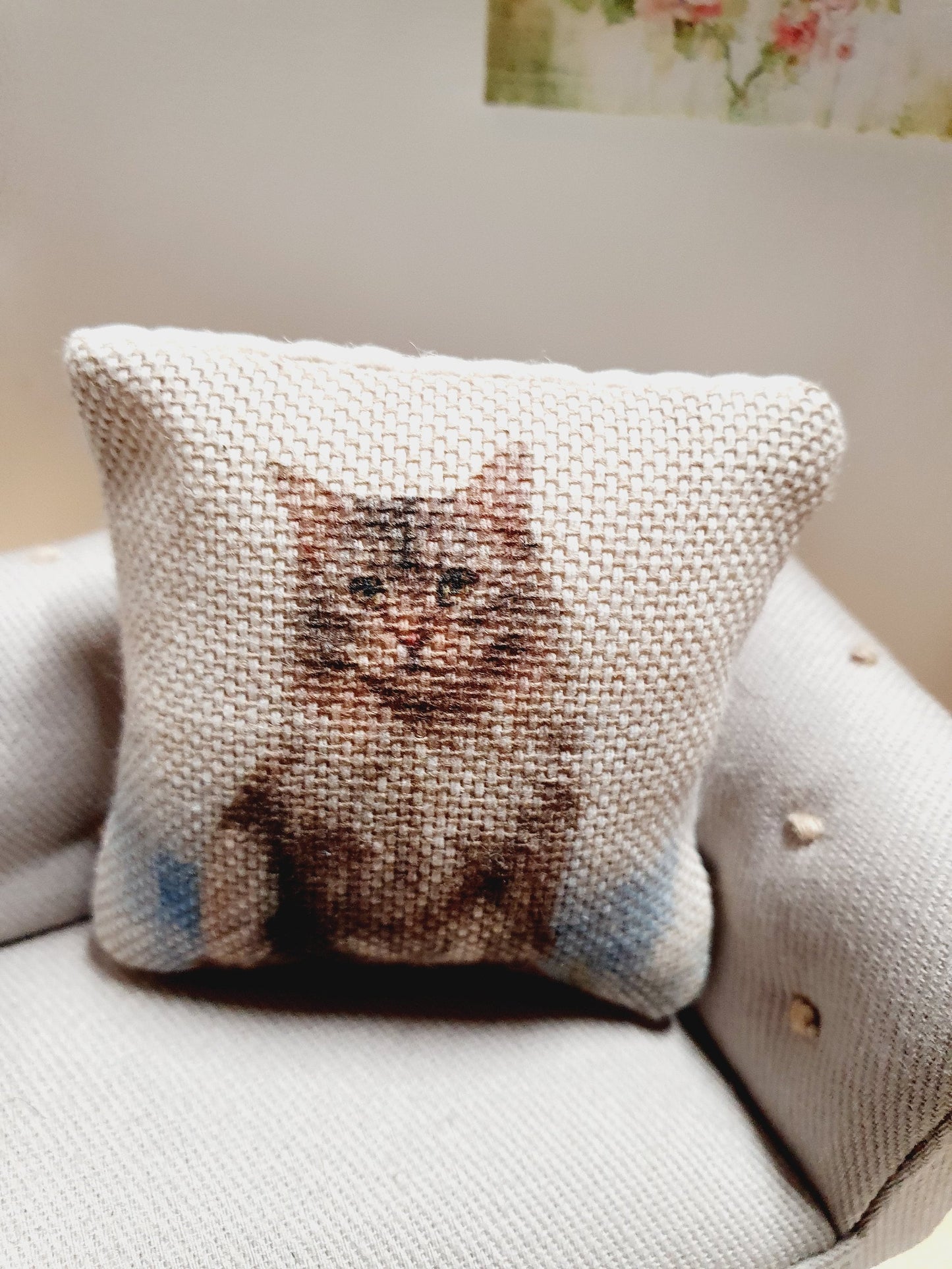 Dolls house Tabby Cat cushion, Cute Little Cat, 12th scale cushions, miniature cushion