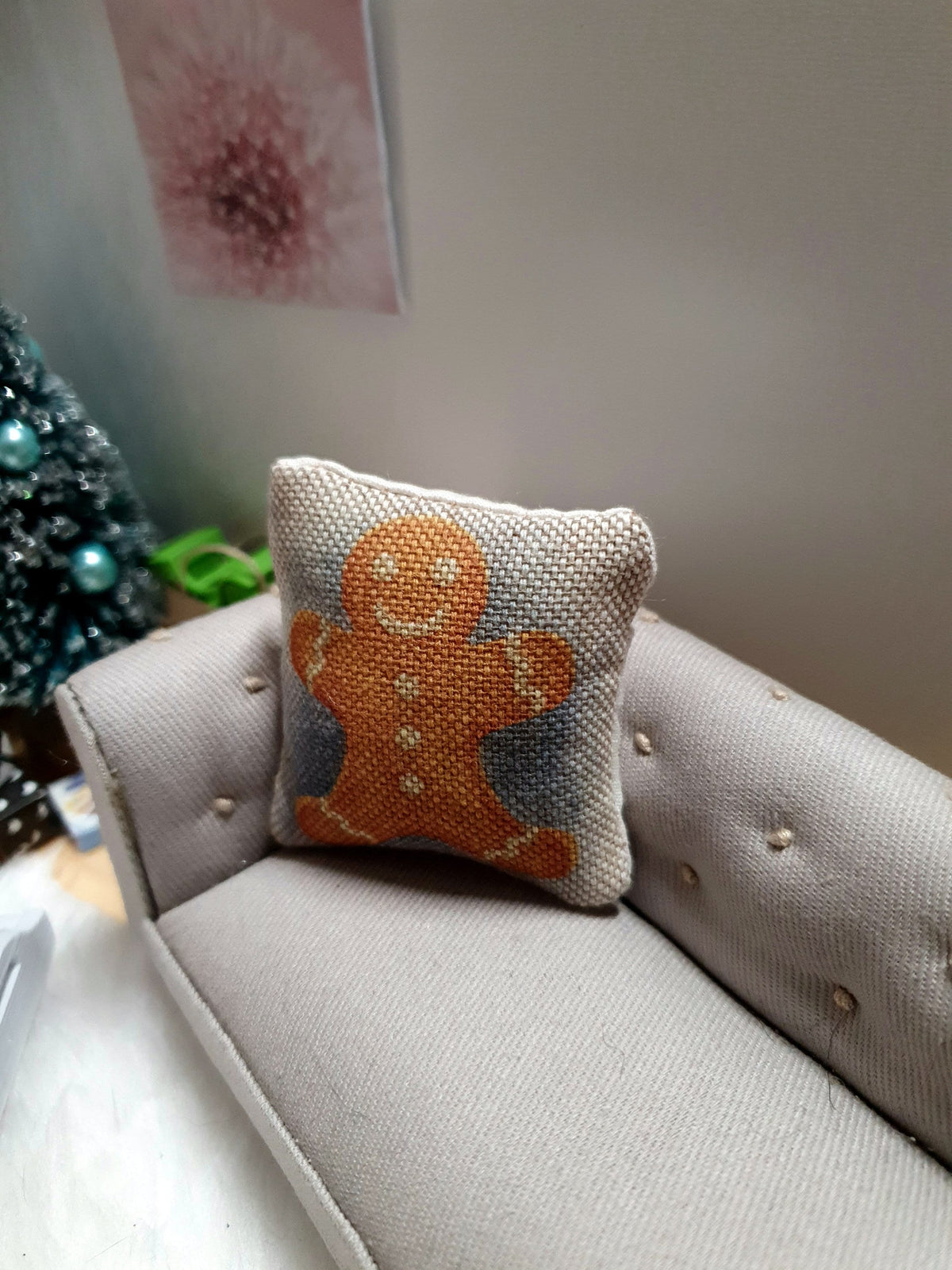 Dolls house Christmas Gingerman Man Cushion, 12th scale cushions, miniature cushions