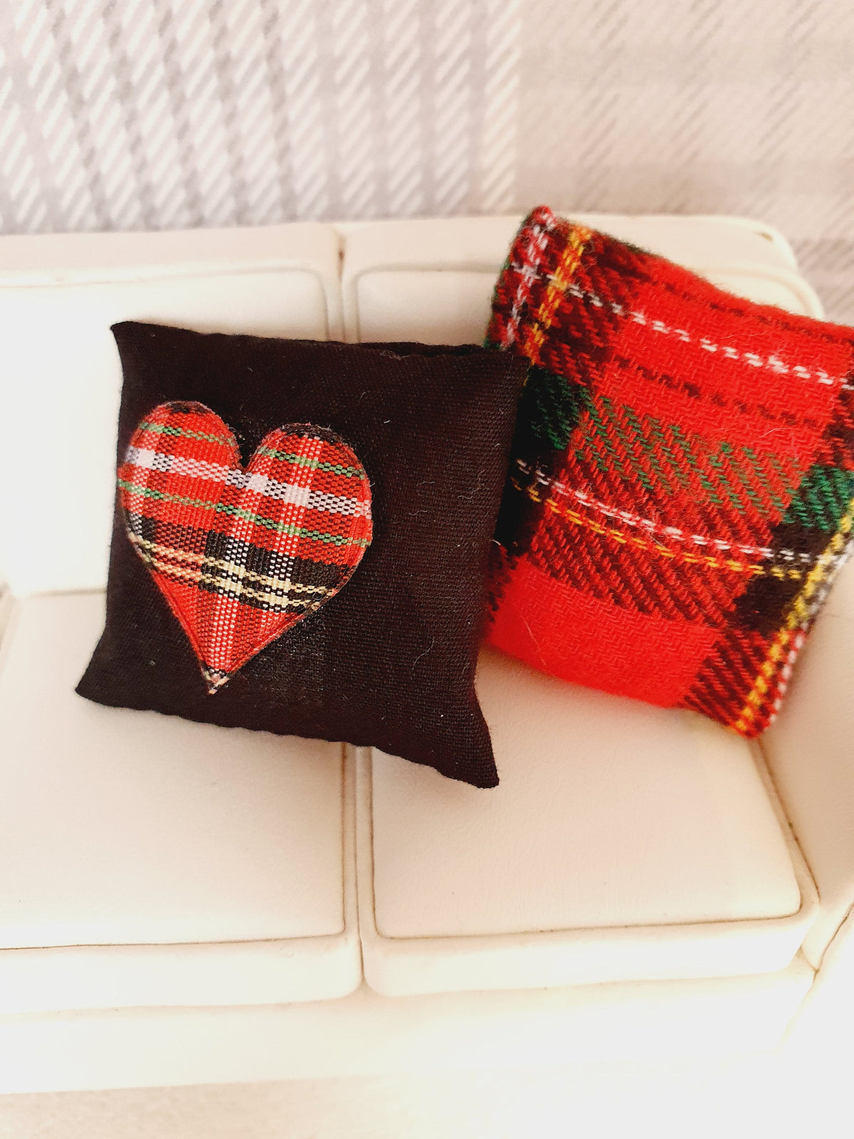 Dolls house Pair of Tartan Cushion | Tartan Heart Cushions | 12th scale cushions, miniature cushions