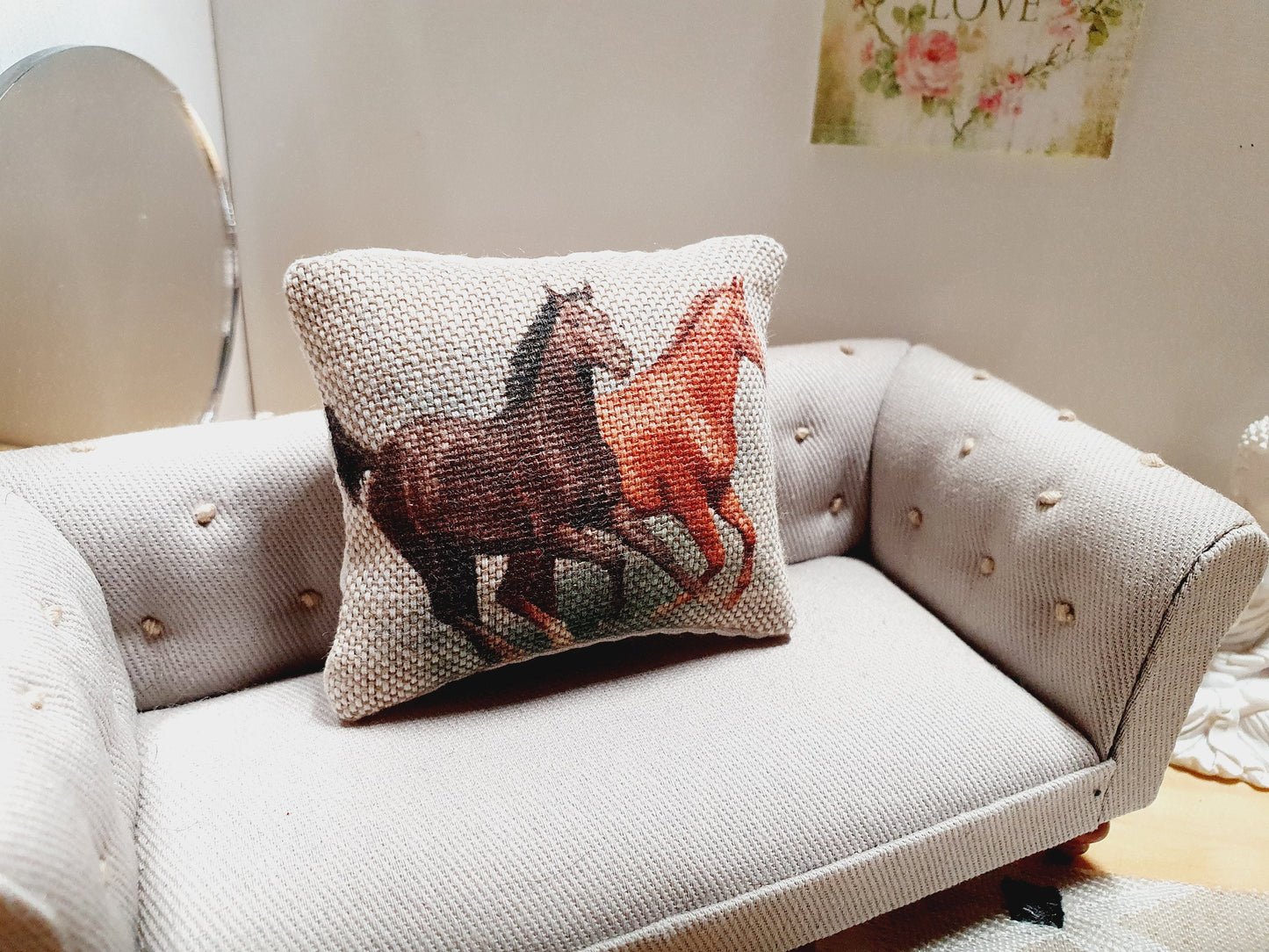 Dolls house 1x Horse Over Size cushion, Lovely Horses galloping, 12th scale cushions, miniature cushion