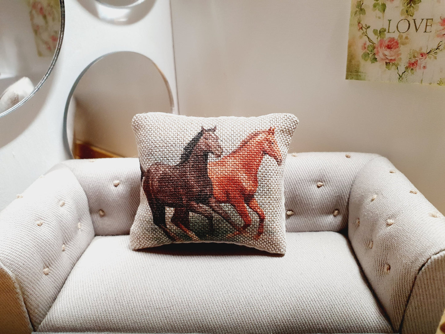 Dolls house 1x Horse Over Size cushion, Lovely Horses galloping, 12th scale cushions, miniature cushion