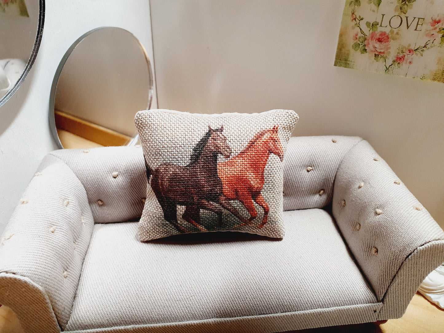Dolls house 1x Horse Over Size cushion, Lovely Horses galloping, 12th scale cushions, miniature cushion