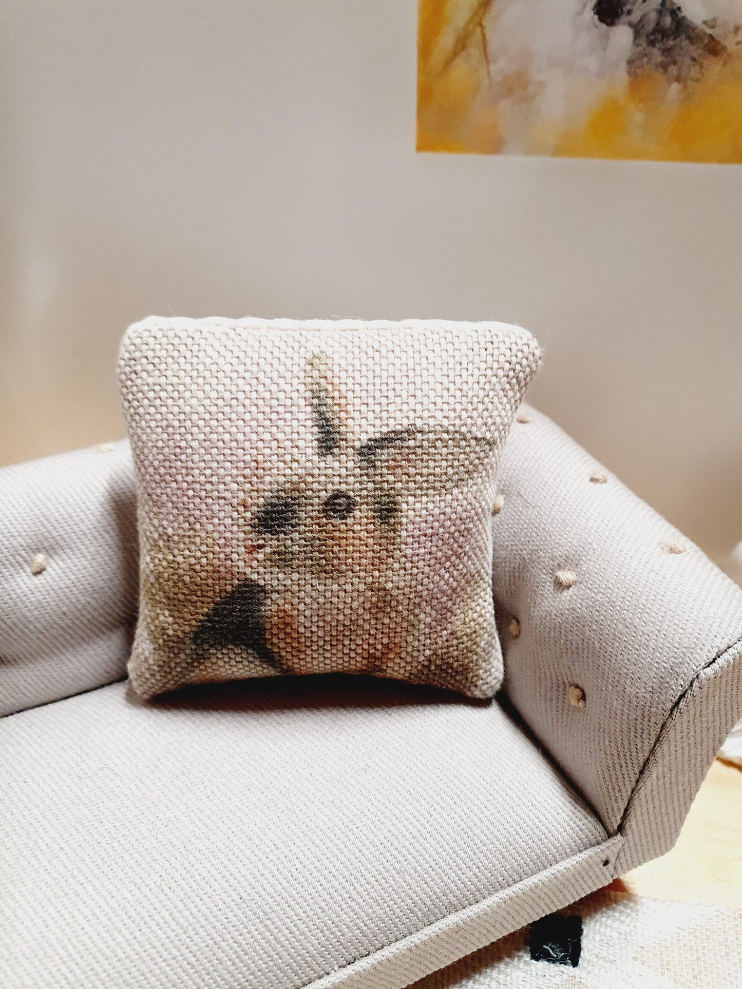 Dolls house 1x Rabbit cushion, Cute Little Rabbit, 12th scale cushions, miniature cushion