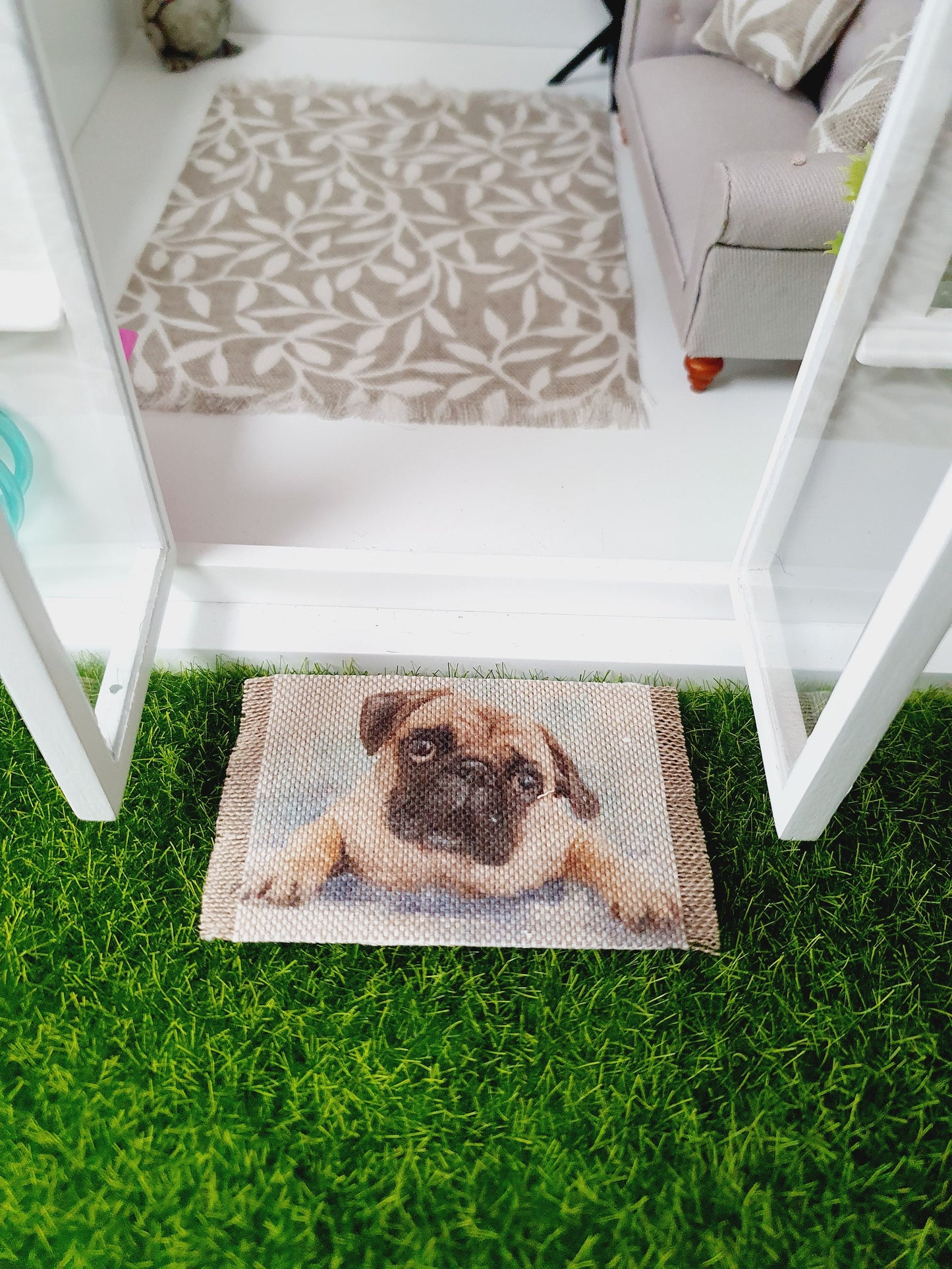 Dolls House Pug Dog Design Fabric Door Mat | 1:12th Scale | Miniature Mat