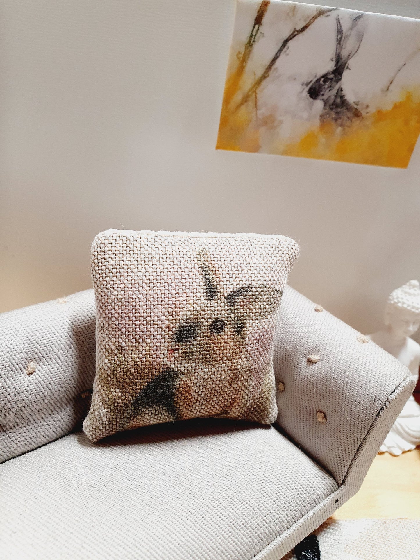 Dolls house 1x Rabbit cushion, Cute Little Rabbit, 12th scale cushions, miniature cushion