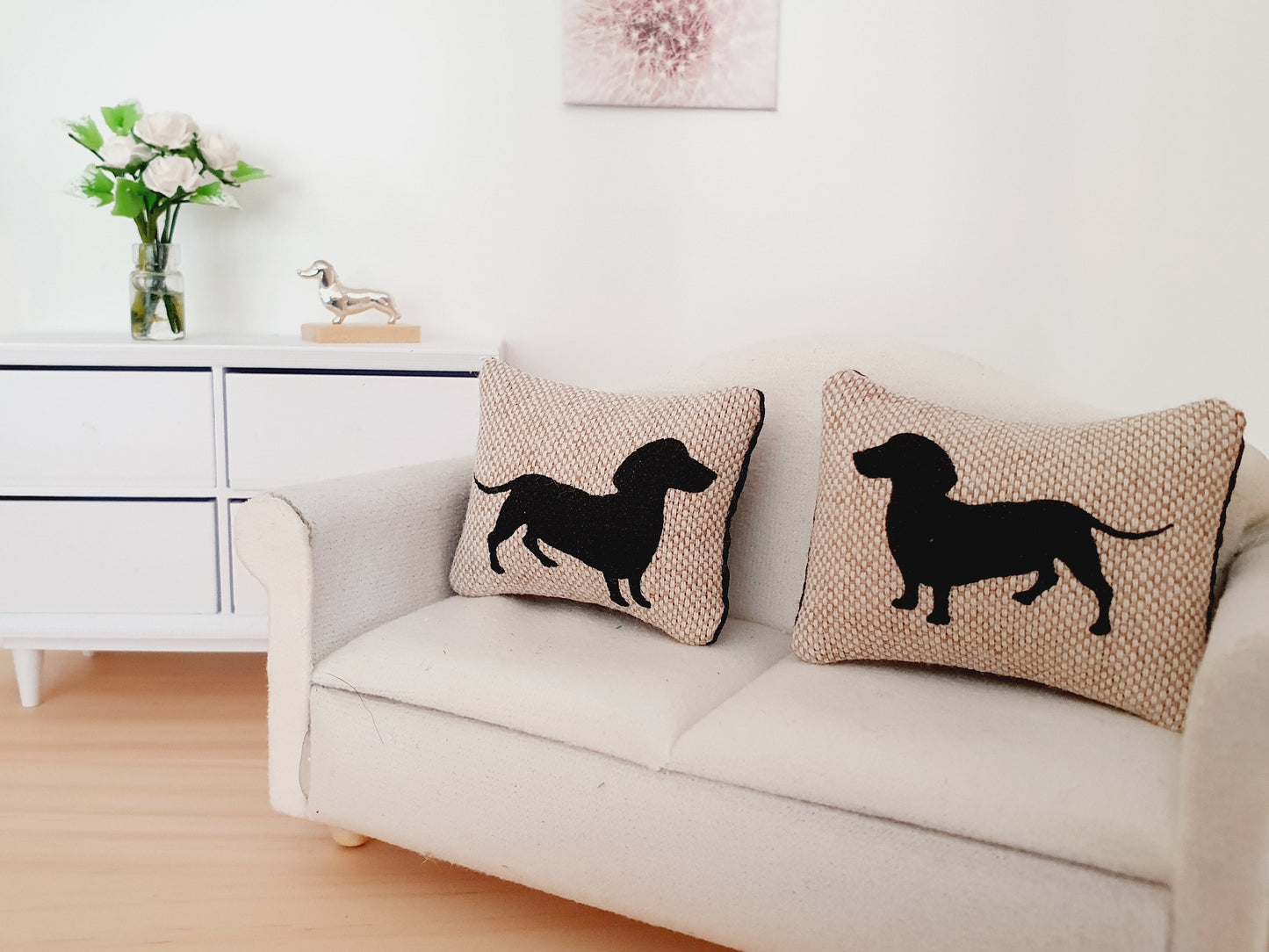 Dolls house 2x cute sausage dog cushions, 12th scale cushions, miniature cushions