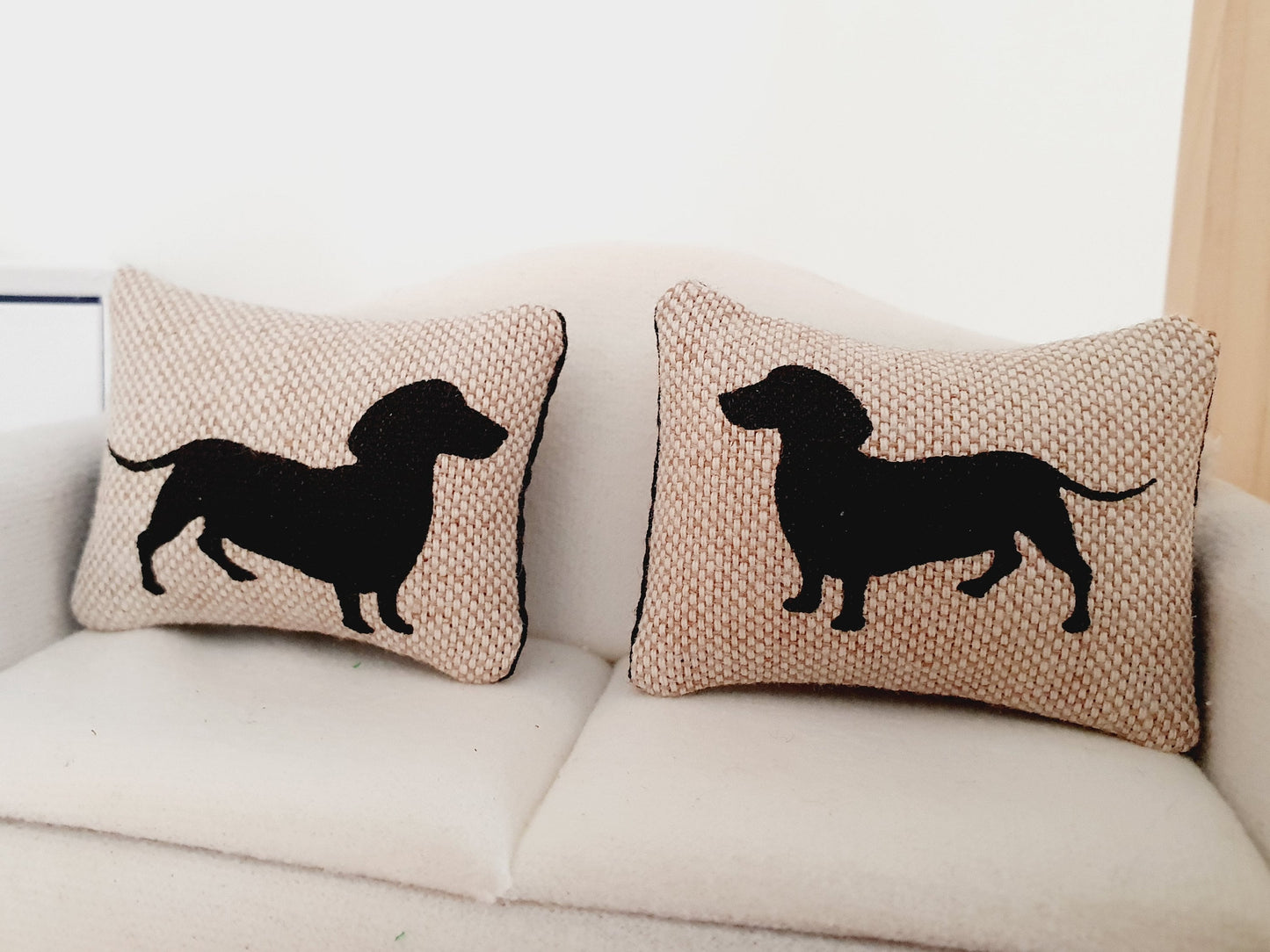 Dolls house 2x cute sausage dog cushions, 12th scale cushions, miniature cushions