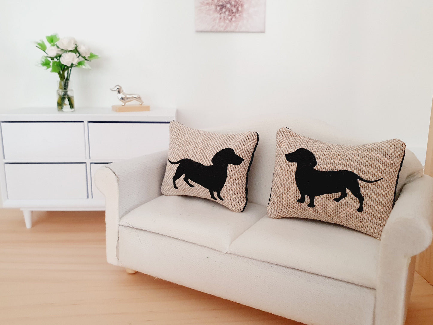 Dolls house 2x cute sausage dog cushions, 12th scale cushions, miniature cushions