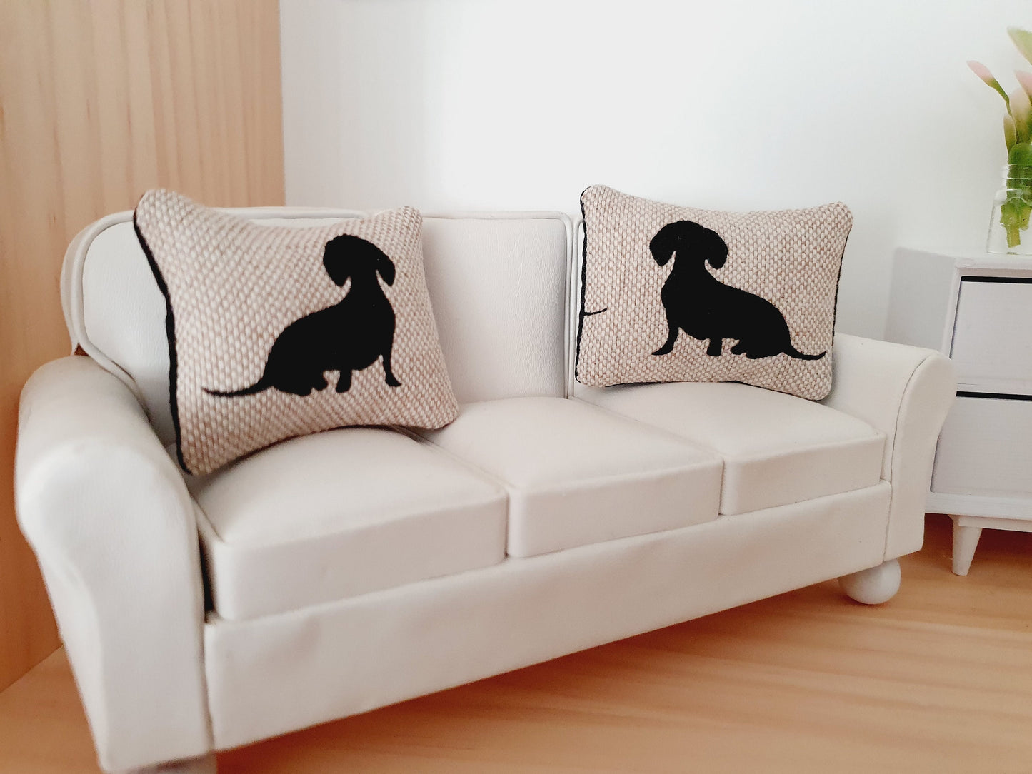 Dolls house 2x cute sausage dog cushions, 12th scale cushions, miniature cushions