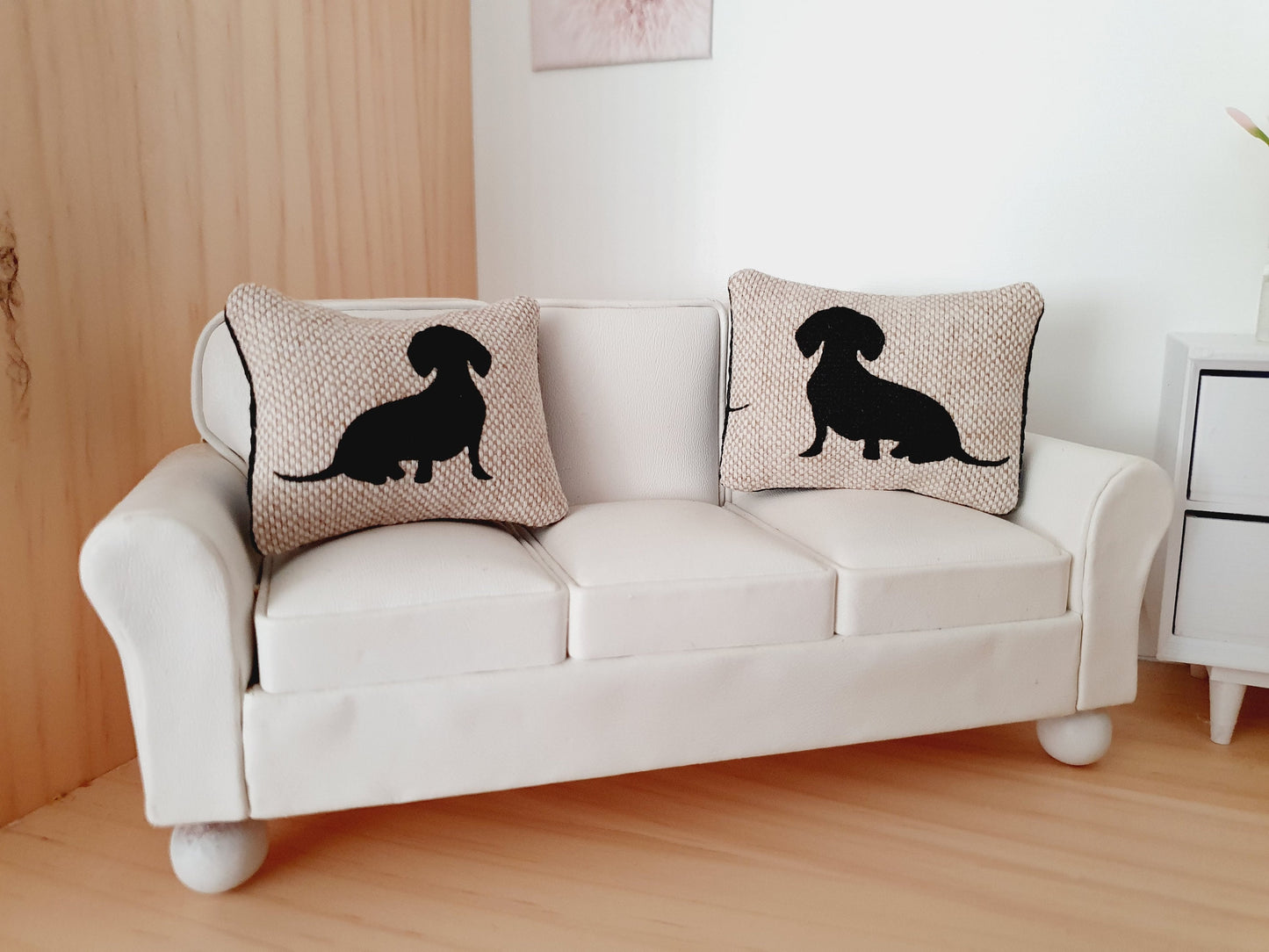 Dolls house 2x cute sausage dog cushions, 12th scale cushions, miniature cushions