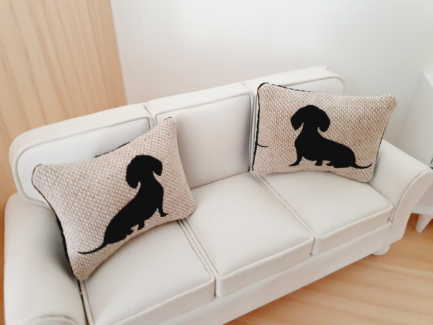 Dolls house 2x cute sausage dog cushions, 12th scale cushions, miniature cushions