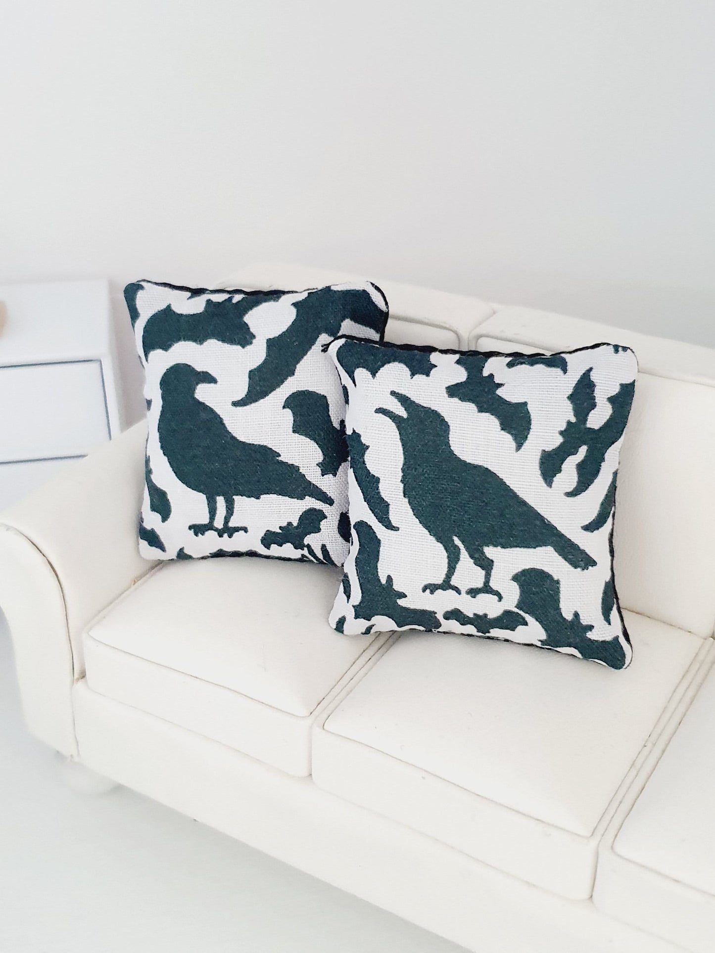 Dolls house 2x Halloween Crow Cushions, 12th scale cushions, miniature cushion, Halloween, Crows
