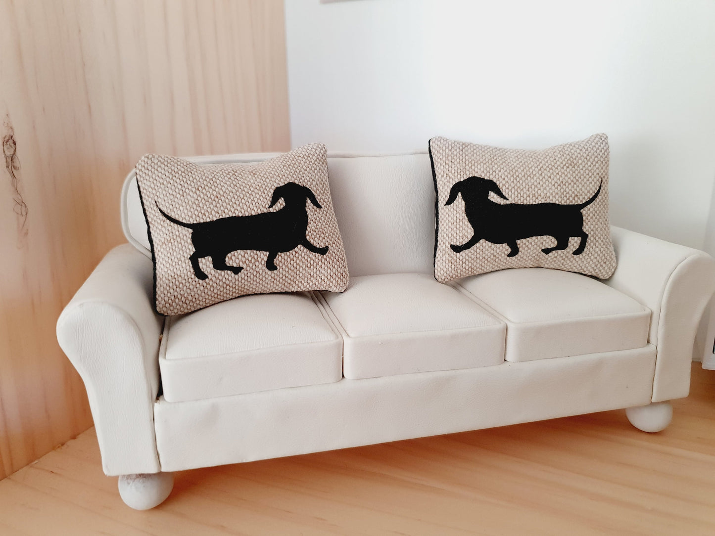 Dolls house 2x cute sausage dog cushions, 12th scale cushions, miniature cushions