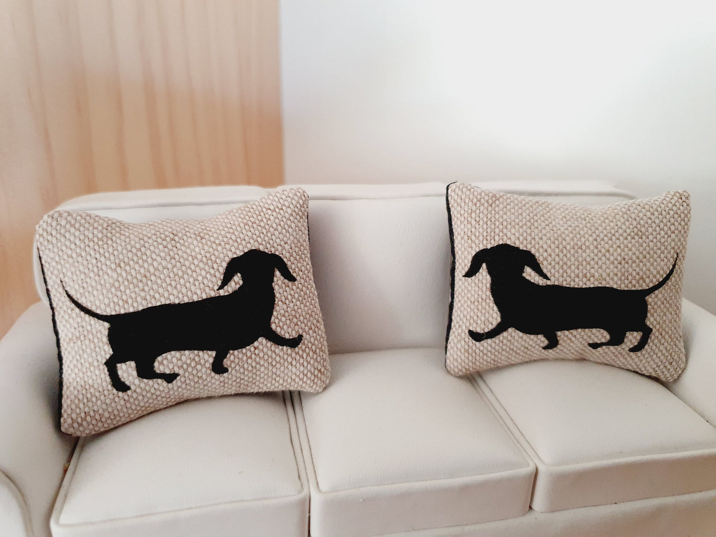 Dolls house 2x cute sausage dog cushions, 12th scale cushions, miniature cushions