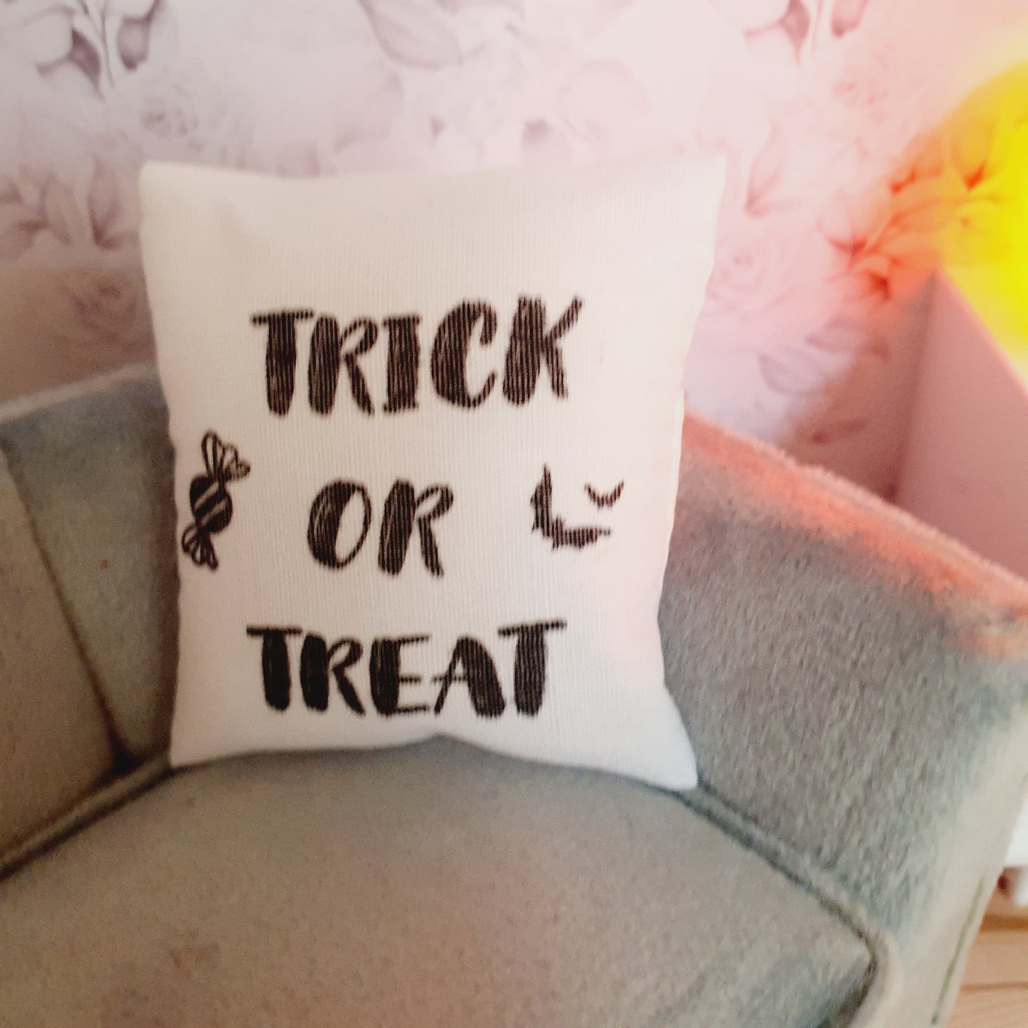 Dolls house 1x Halloween Trick or Treat Cushion, 12th scale cushions, miniature cushion, Halloween