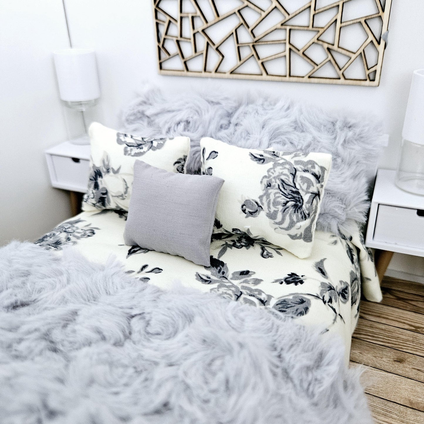 Dolls house 7 piece set, Double bedding, pretty grey flowers with soft grey throw & cushions, 12th scale bedding, miniature bed set