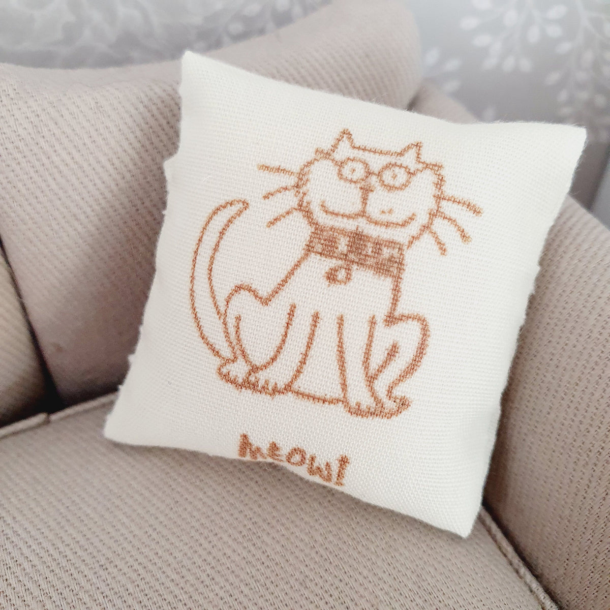Dolls house Meow Cushion, 12th scale cushions, miniature cushions