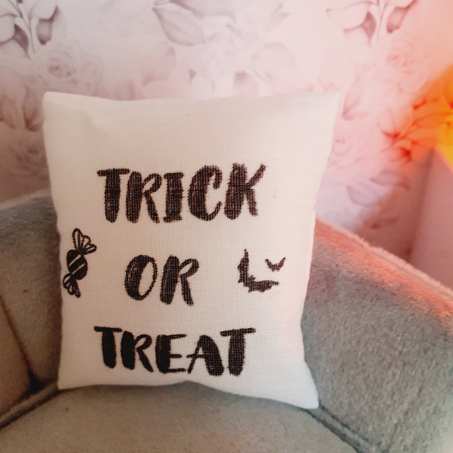Dolls house 1x Halloween Trick or Treat Cushion, 12th scale cushions, miniature cushion, Halloween