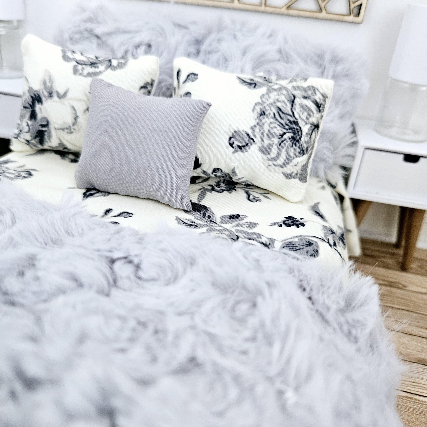 Dolls house 7 piece set, Double bedding, pretty grey flowers with soft grey throw & cushions, 12th scale bedding, miniature bed set