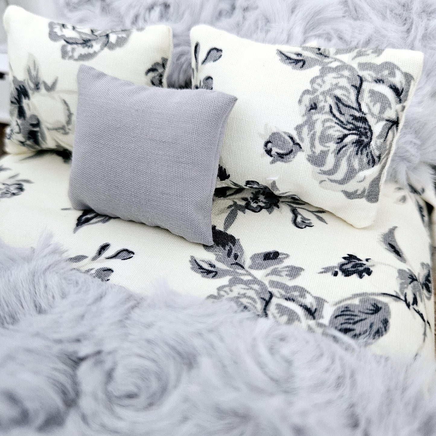 Dolls house 7 piece set, Double bedding, pretty grey flowers with soft grey throw & cushions, 12th scale bedding, miniature bed set