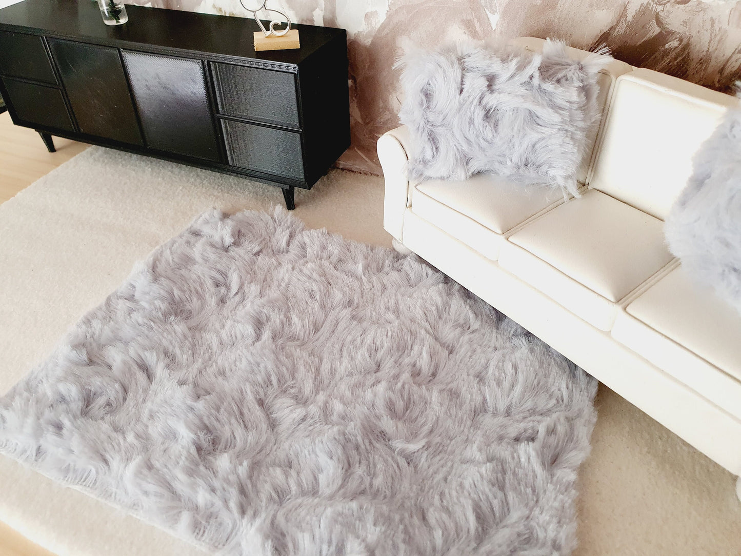 Dolls House Grey Soft Fur Rug | 1:12th Scale | Miniature Rug
