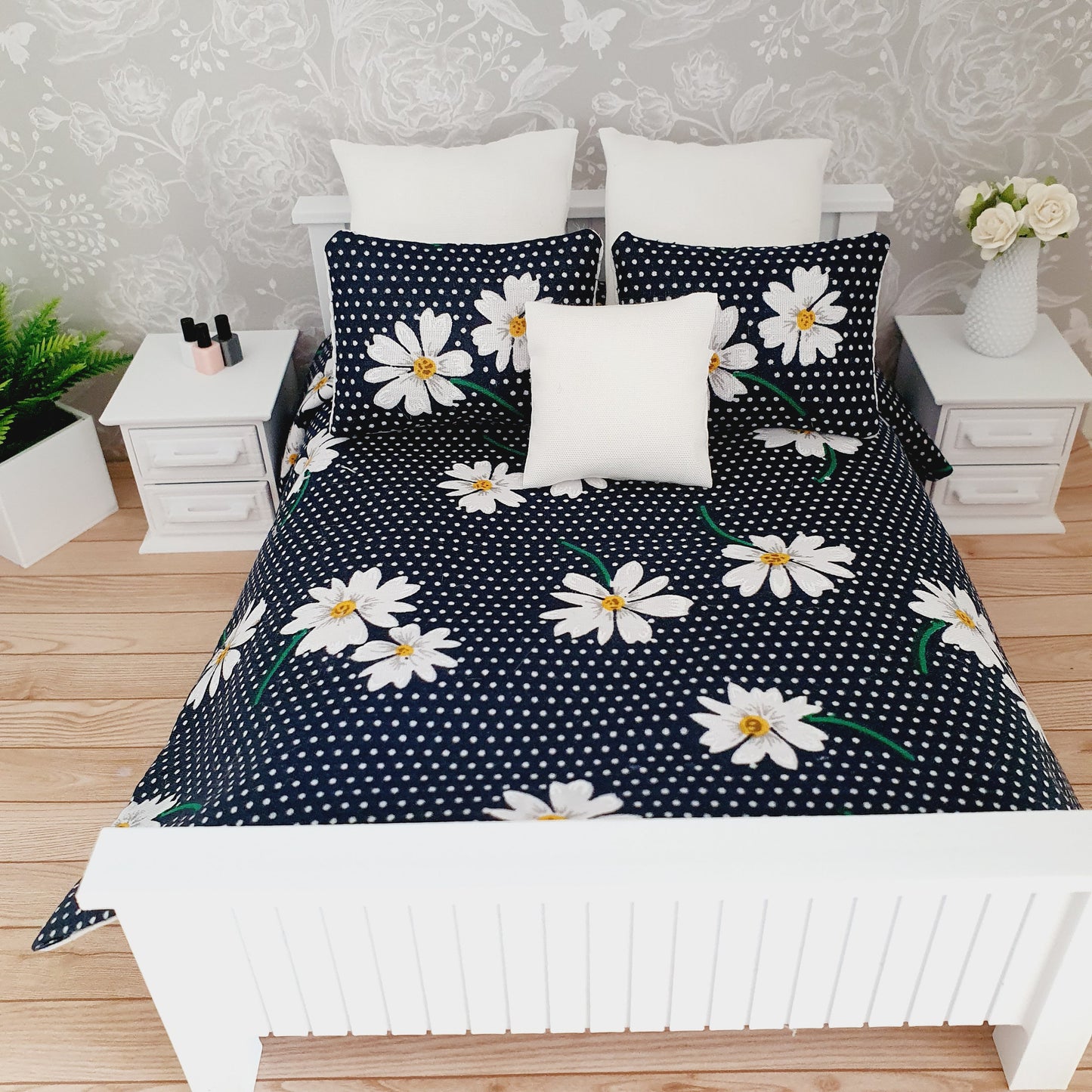 Dolls house Navy Floral 6 piece set, Double bedding, pretty navy flowers, 12th scale bedding, miniature bed set