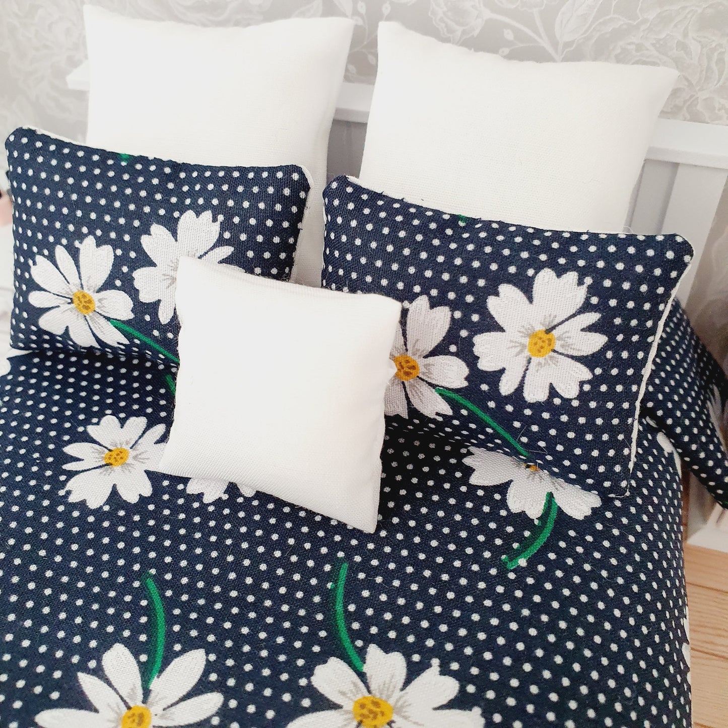 Dolls house Navy Floral 6 piece set, Double bedding, pretty navy flowers, 12th scale bedding, miniature bed set
