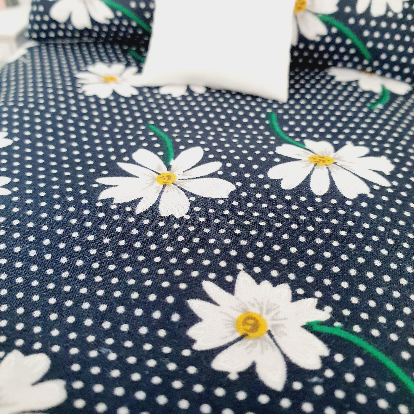Dolls house Navy Floral 6 piece set, Double bedding, pretty navy flowers, 12th scale bedding, miniature bed set