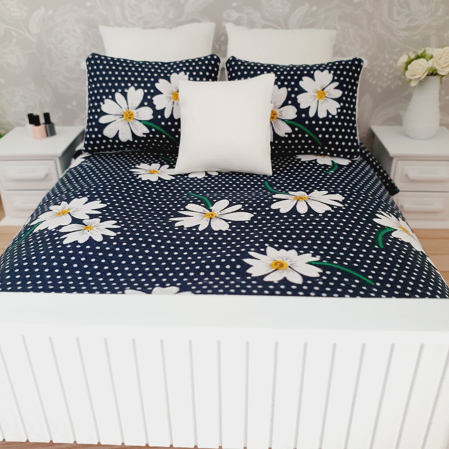 Dolls house Navy Floral 6 piece set, Double bedding, pretty navy flowers, 12th scale bedding, miniature bed set