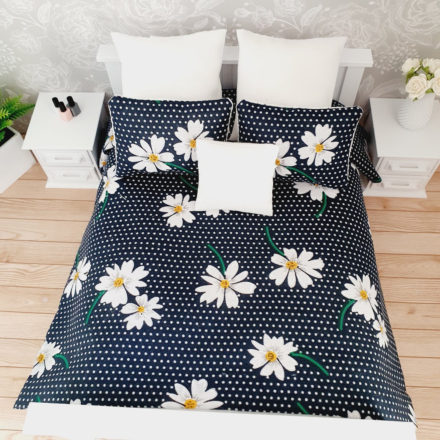 Dolls house Navy Floral 6 piece set, Double bedding, pretty navy flowers, 12th scale bedding, miniature bed set