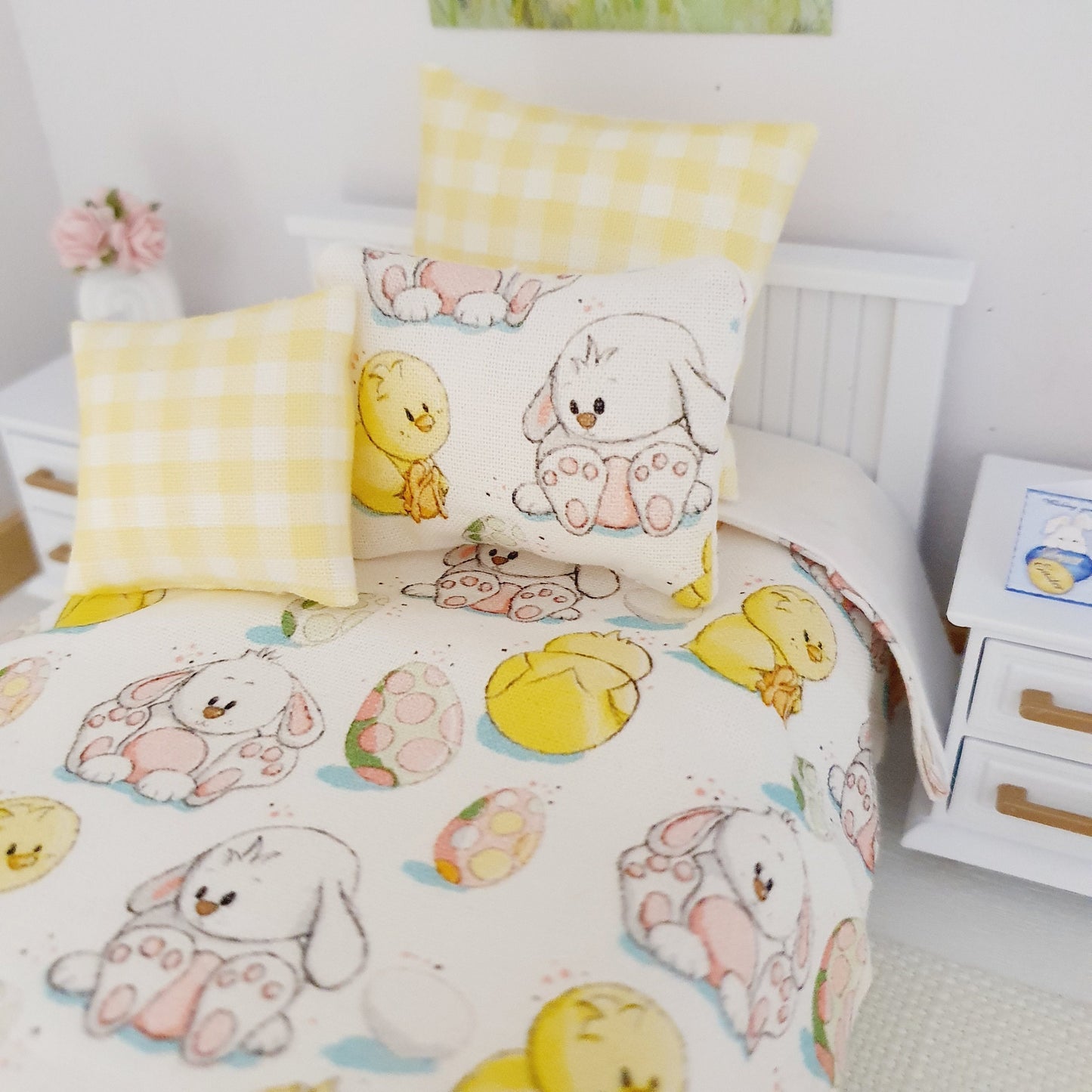 Dolls House Easter Single Bedding Set – Cute Chicks & Bunnies, 1:12 Scale Miniature