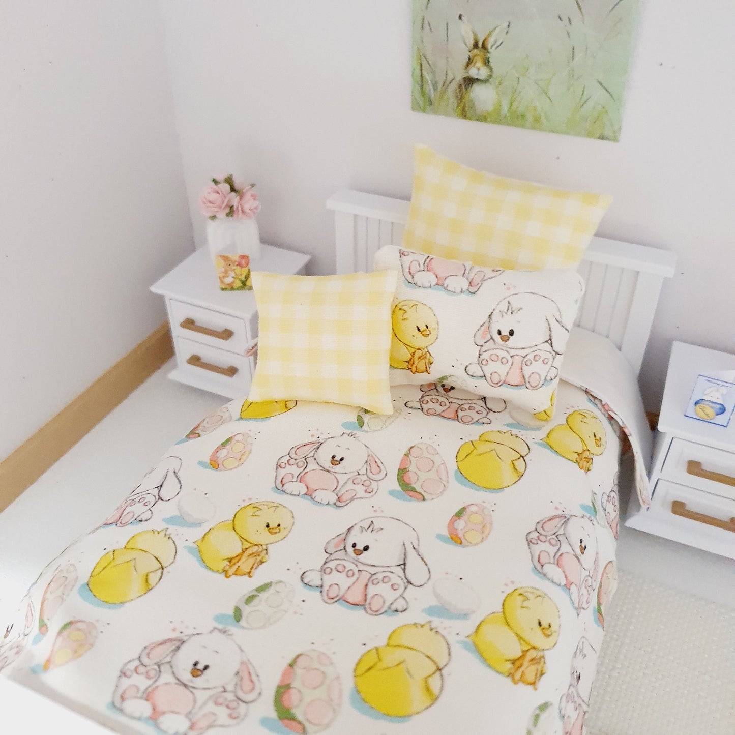 Dolls House Easter Single Bedding Set – Cute Chicks & Bunnies, 1:12 Scale Miniature