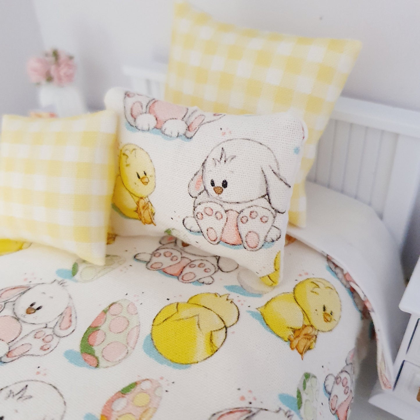 Dolls House Easter Single Bedding Set – Cute Chicks & Bunnies, 1:12 Scale Miniature