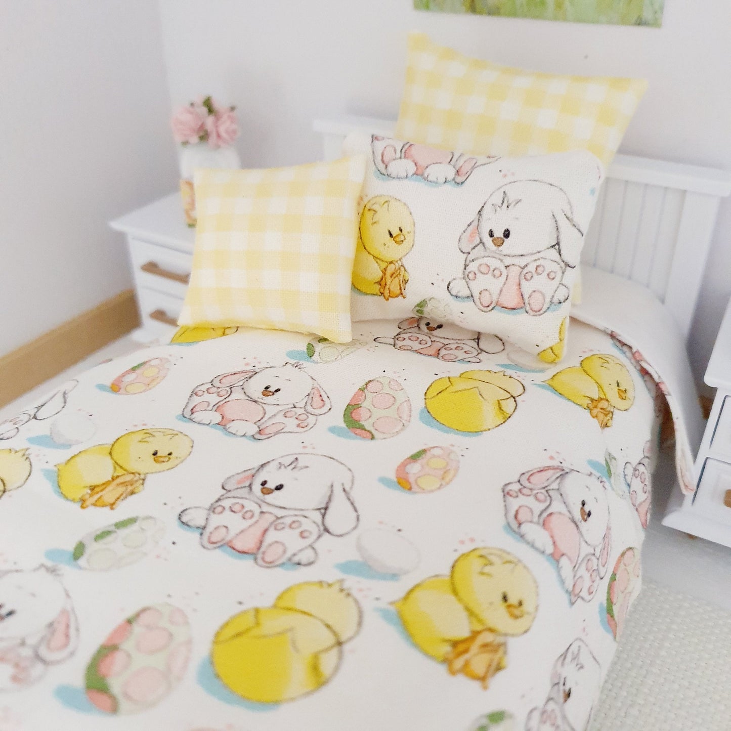 Dolls House Easter Single Bedding Set – Cute Chicks & Bunnies, 1:12 Scale Miniature