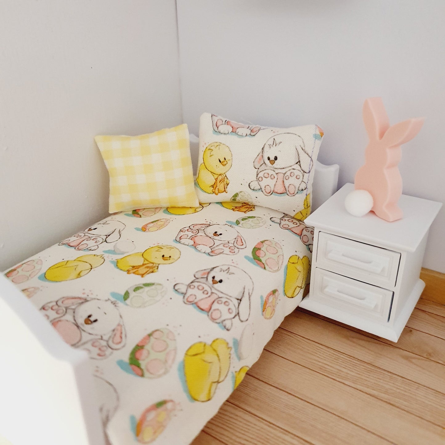 Dolls House Easter Single Bedding Set – Cute Chicks & Bunnies, 1:12 Scale Miniature