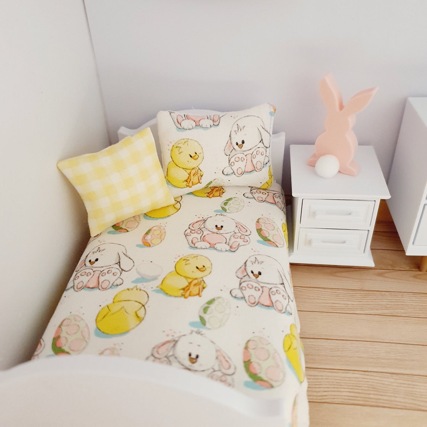 Dolls House Easter Single Bedding Set – Cute Chicks & Bunnies, 1:12 Scale Miniature
