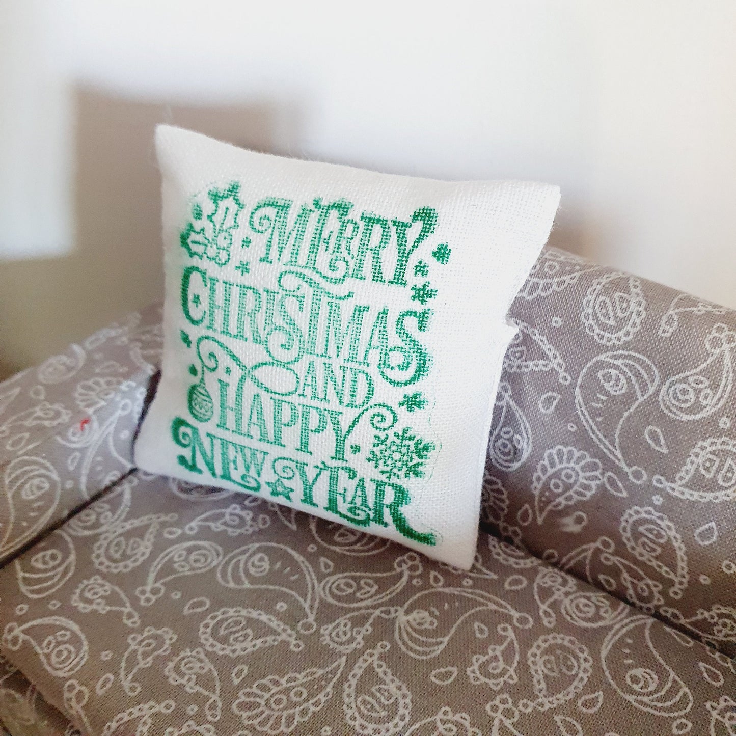 Dolls house Christmas Green & White Christmas Cushion, 12th scale cushions, miniature cushion