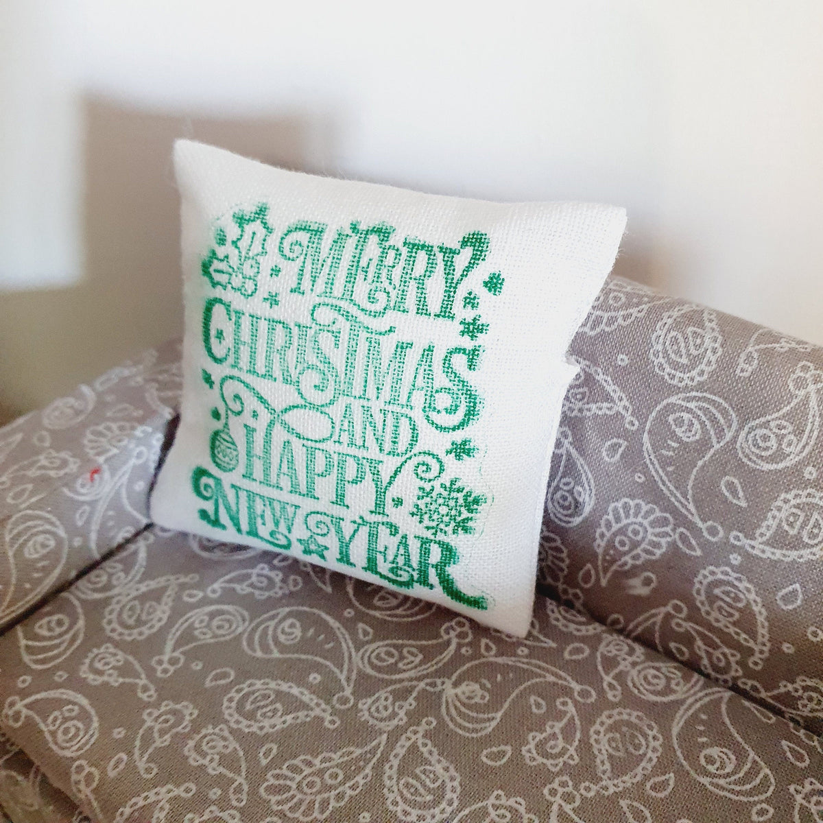 Dolls house Christmas Green & White Christmas Cushion, 12th scale cushions, miniature cushion