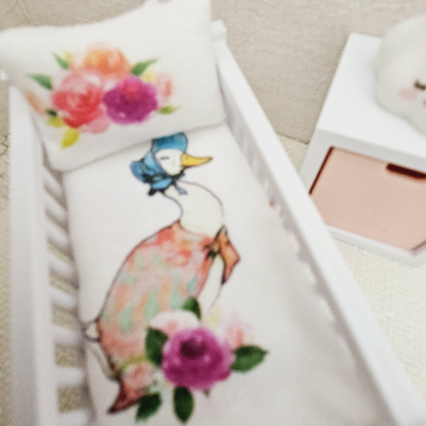 Dolls House Crib Bedding – Jemima Puddle duck Design, Handmade in England, 1:12 Scale