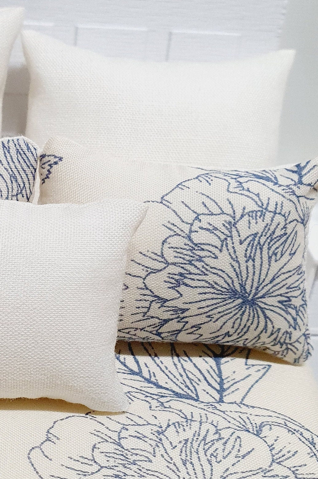 Dolls house 6 piece set, Double bedding, pretty blue flowers, 12th scale bedding, miniature bed set