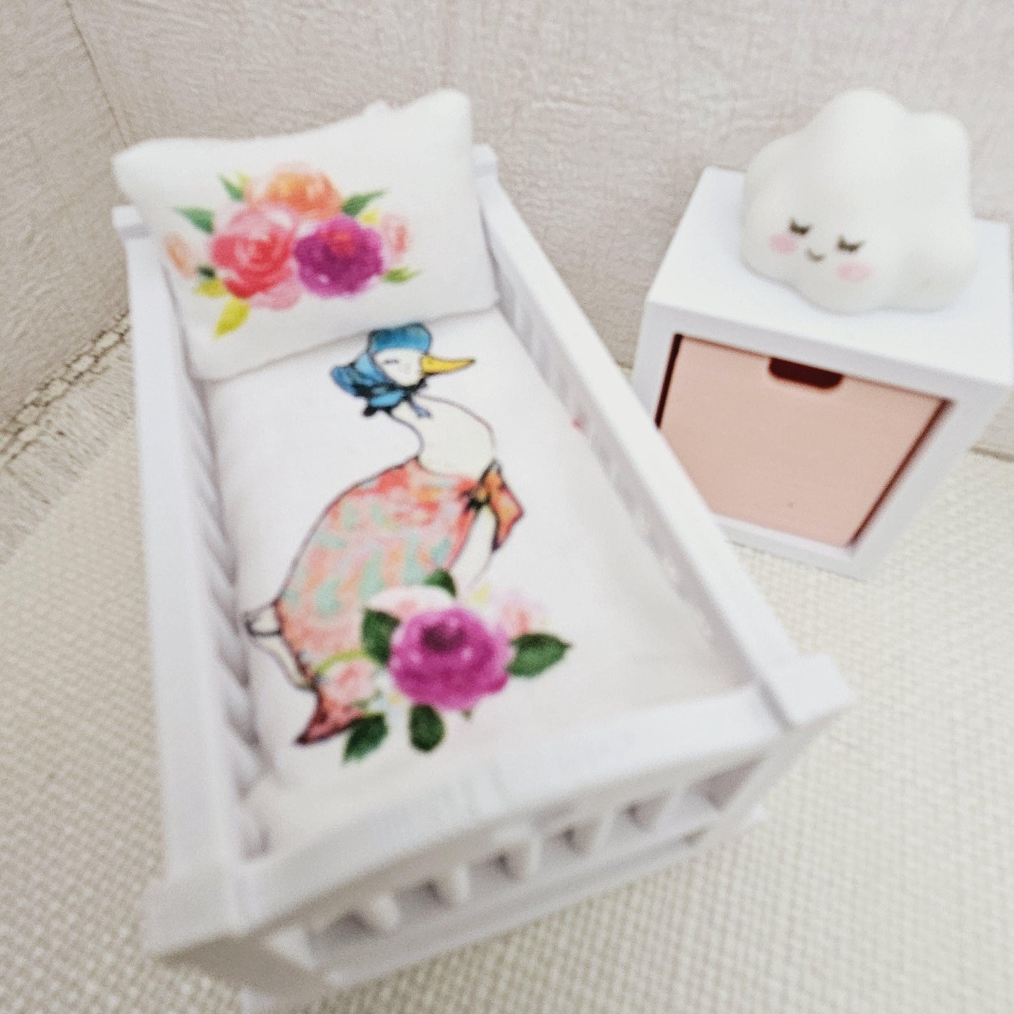 Dolls House Crib Bedding – Jemima Puddle duck Design, Handmade in England, 1:12 Scale