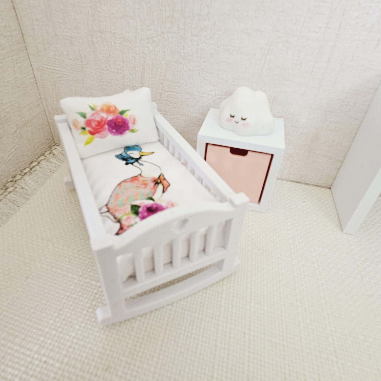 Dolls House Crib Bedding – Jemima Puddle duck Design, Handmade in England, 1:12 Scale