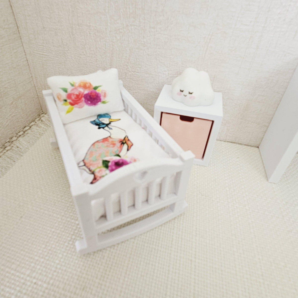 Dolls House Crib Bedding – Jemima Puddle duck Design, Handmade in England, 1:12 Scale